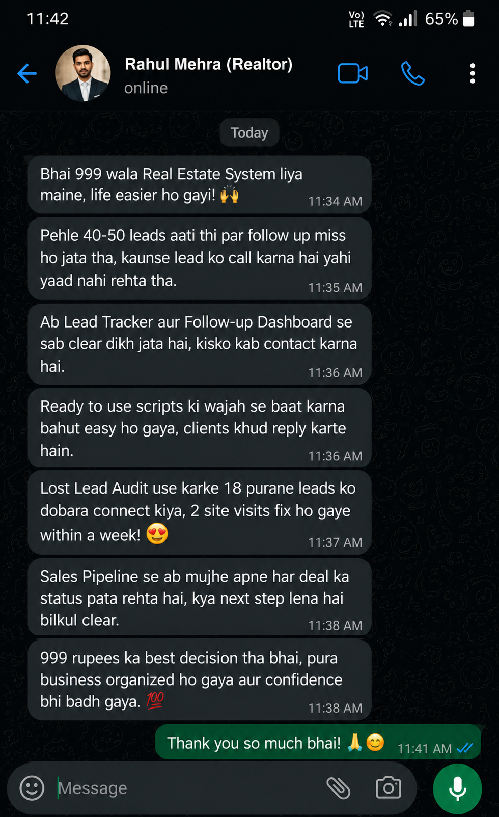 WhatsApp testimonial from Rahul Mehra