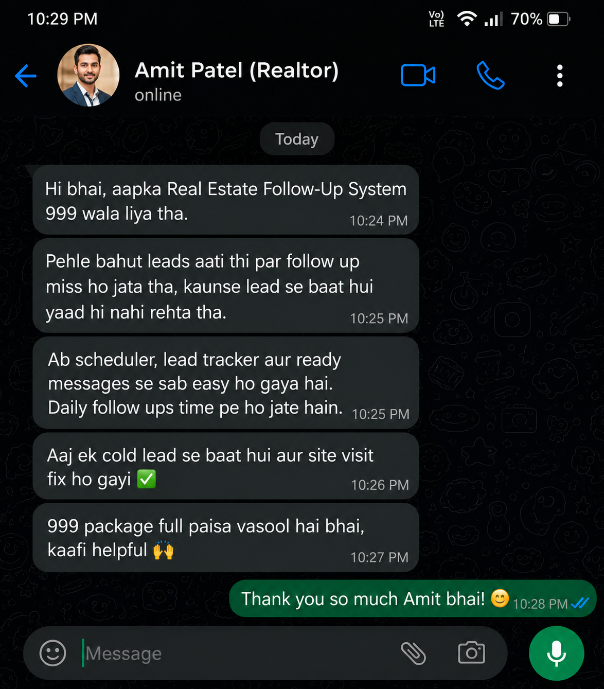 WhatsApp testimonial from Amit Patel