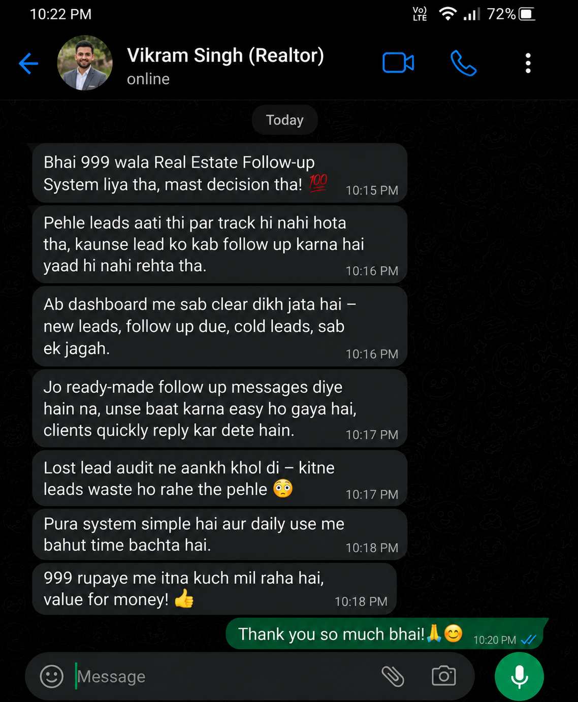 WhatsApp testimonial from Vikram Singh