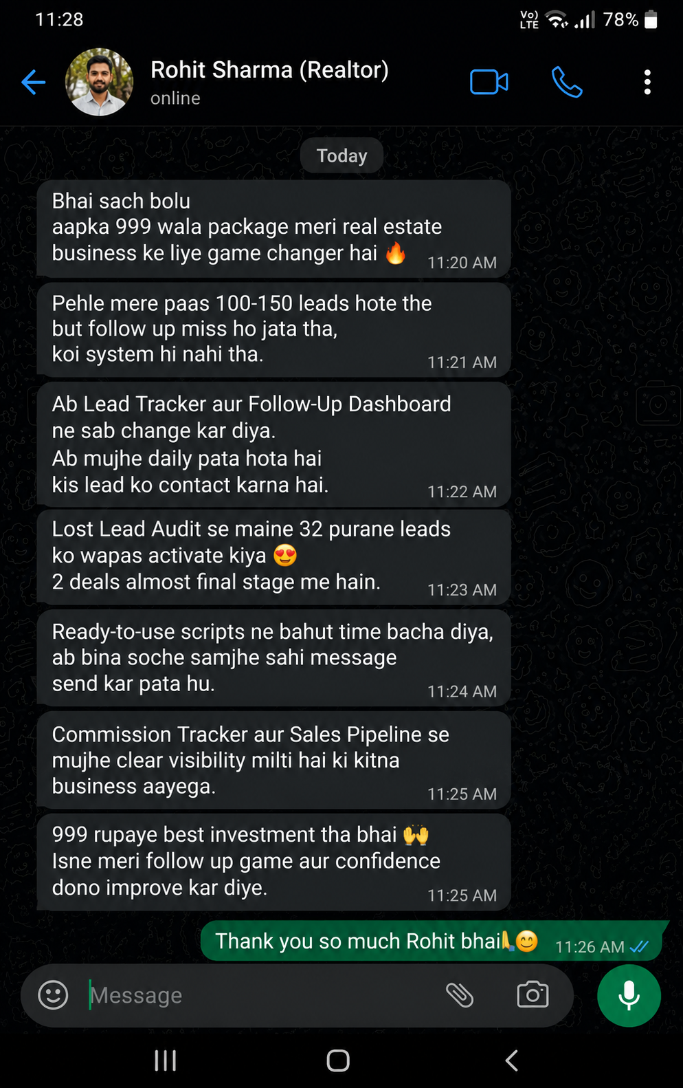 WhatsApp testimonial from Rohit Sharma